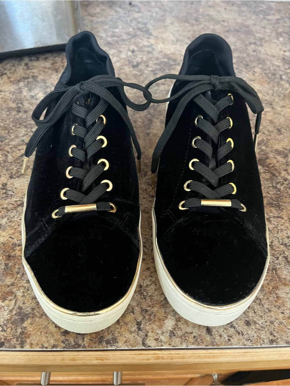 Michael Kors Black Velvet Lace-Up Platform Sneakers with Gold Accents